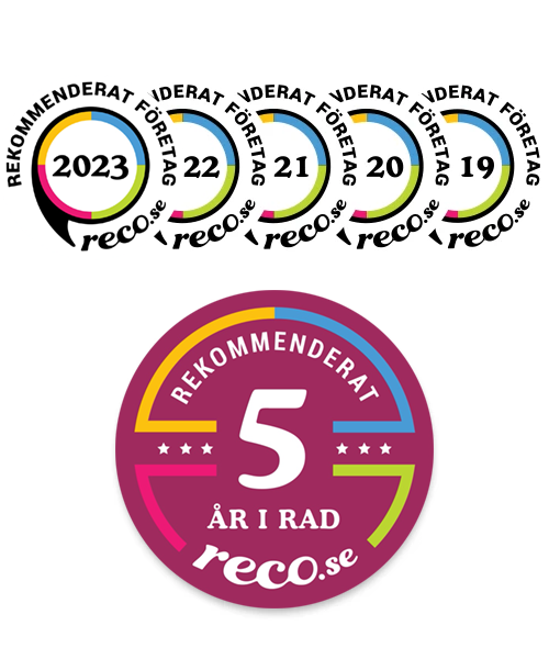 Reco-m&auml;rken f&ouml;r Voky. Erk&auml;nd som ett rekommenderat f&ouml;retag f&ouml;r 5 &aring;r i rad (2019-2023).