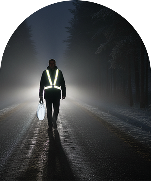 En man går ensam längs en mörk, dimmig skogsväg i motljus från en bil. Han bär en reflekterande sele och håller i en reflekterande tygkasse som lyser starkt.